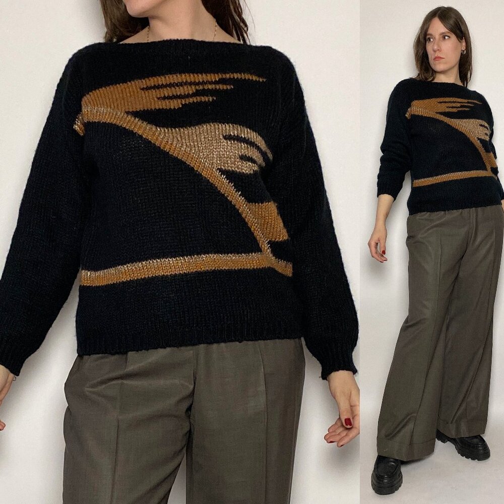 Vintage 1980s Black NEW WAVE Boat Neck Zig Zag Wool Blend Sweater! Medium-Large